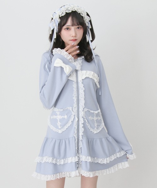 DearMyLove ワンピース 姫系うさ耳レースフリルハートポケットパーカー