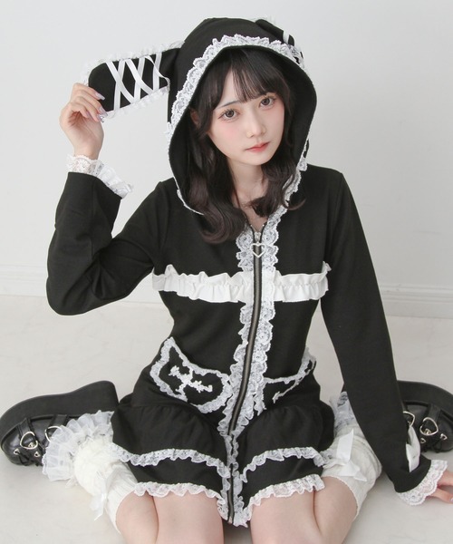 DearMyLove ワンピース 姫系うさ耳レースフリルハートポケットパーカー