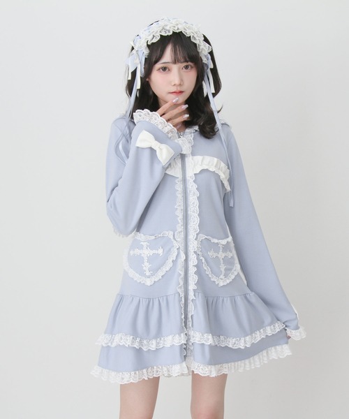 dear my love 夢展望 うさ耳 パーカー フリル　姫ギャル　ミニワンピ DearMyLove ワンピース 姫系うさ耳レースフリルハートポケットパーカー