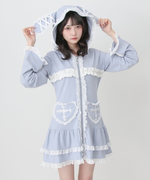 DearMyLove ワンピース 姫系うさ耳レースフリルハートポケットパーカー