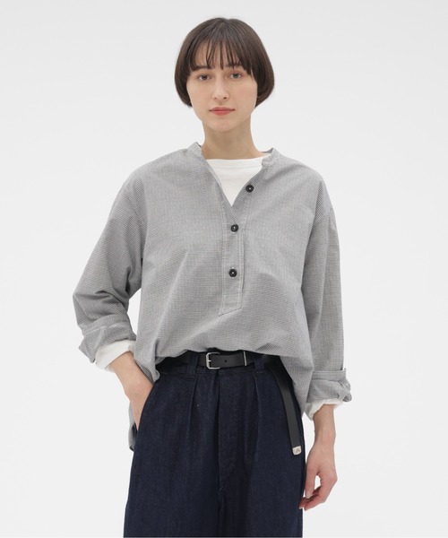 22SS MHL. マイクロチェックカラーレスシャツ 1 プルオーバーブラウス 22SS MHL TINY GINGHAM COTTON マーガレットハウエル マイクロチェック