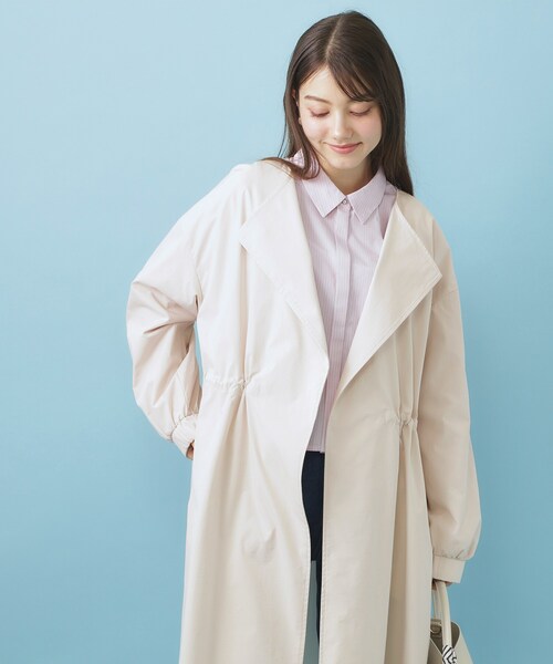 ゴ*り様 新品　SHIPS ノーカラーロングコート ホワイトベージュ SHIPS any: SORONA ノーカラー パイピング ロングコート （その他