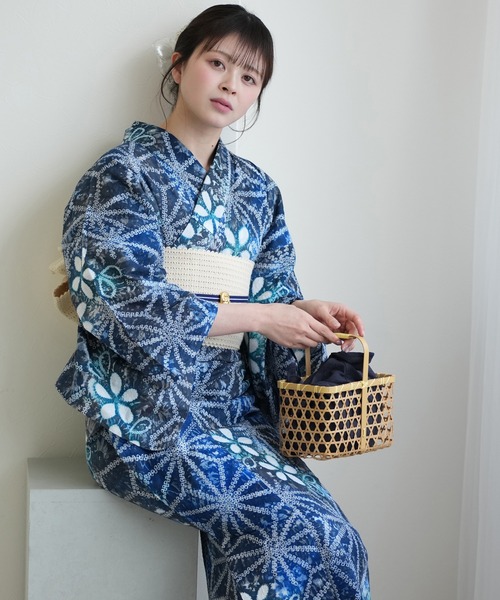 総絞りの浴衣 藍色に草花のデザイン★ long＊咲きこぼれる花＊有松鳴海絞り浴衣 花 藍色 A698 | kimono tento