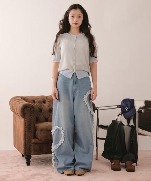loin nuit カーディガン 夏 半袖 wavy button knit cardigan