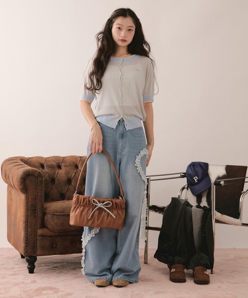 loin nuit カーディガン 夏 半袖 wavy button knit cardigan