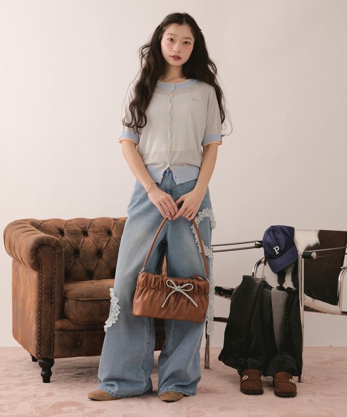 loin nuit カーディガン 夏 半袖 wavy button knit cardigan