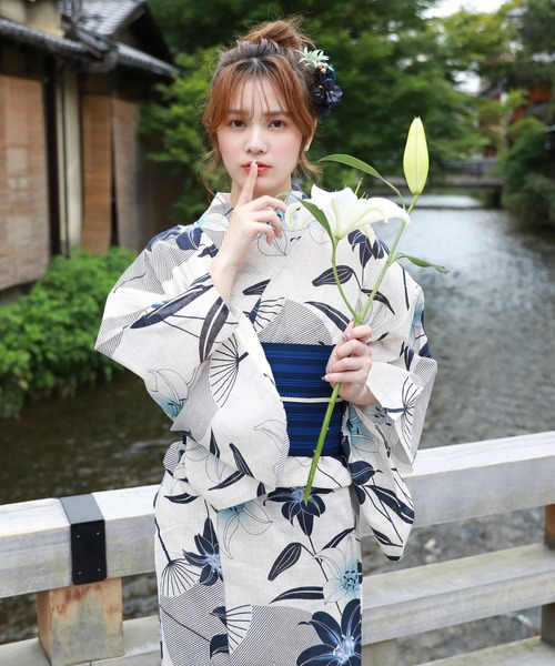 【きものなでしこ】浴衣　167cm 和なでしこ 浴衣 綿麻浴衣3点セット 「浴衣・帯・下駄」 レディース
