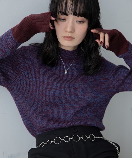 ニット セーター ミックスカラー配色ハイネックリブニット/新色追加