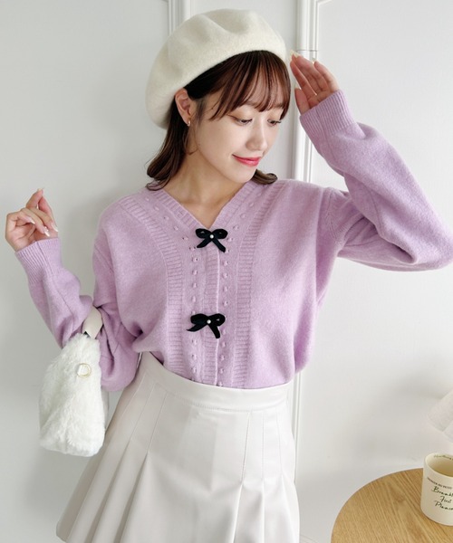 バイカラーリボントップス lilLilly（リルリリー） tシャツ スクエアネックバイカラーリボン