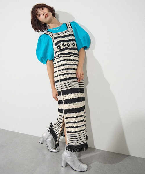 ワンピース ボーダークロシェニットワンピース「ELLEgirl/エル ガール 