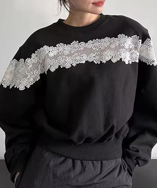 ユキエモン yukiemon レース袖スウェット トレーナー 長袖 M 黒 leune（ルネ） トレーナー スウェット レースドッキングスウェット