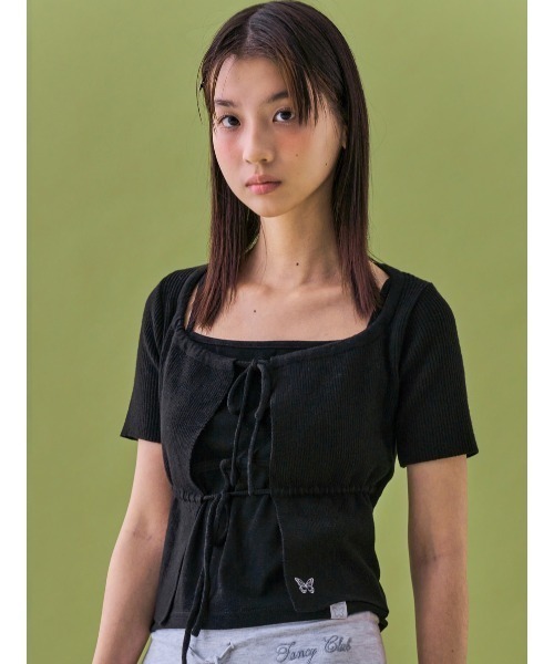 カーディガン A'GEM/9 × .kom 「 FANCY CLUB/ファンシークラブ」 TWO-RIBBON CROP CARDIGAN/リボンクロ