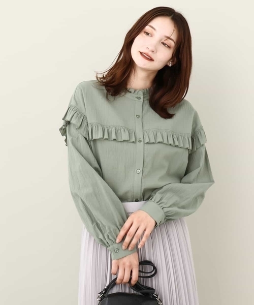 ブラウス シャツ 2024AW/ナチュラルコットンフリルデザインシャツブラウス/洗える レディース