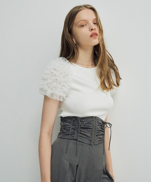 tシャツ チュールショルダーカットトップス レディース eimy istoire tシャツ チュールショルダーカットトップス