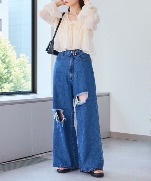 kastane レースデニムパンツ　ライトブルー ダメージデニム 低身長サイズ/2サイズ展開/ウエスト調節可】レースデニムパンツ