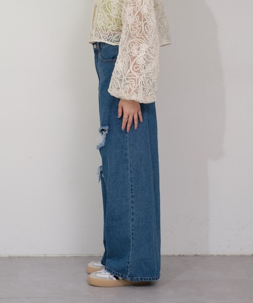 kastane レースデニムパンツ　ライトブルー ダメージデニム 低身長サイズ/2サイズ展開/ウエスト調節可】レースデニムパンツ