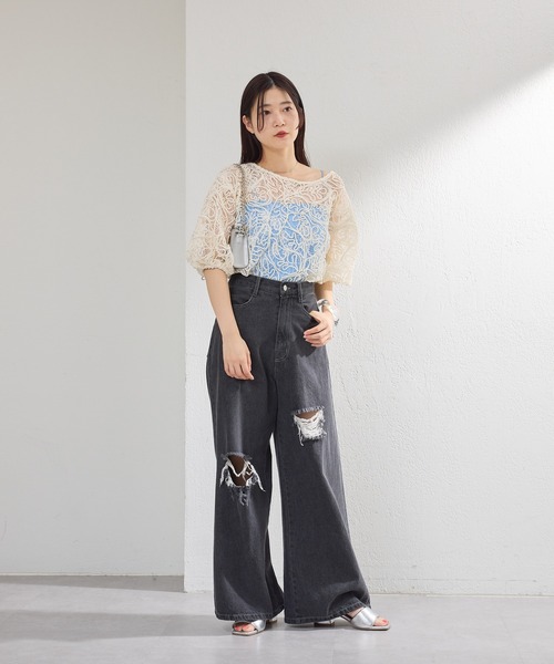 kastane レースデニムパンツ　ライトブルー ダメージデニム 低身長サイズ/2サイズ展開/ウエスト調節可】レースデニムパンツ
