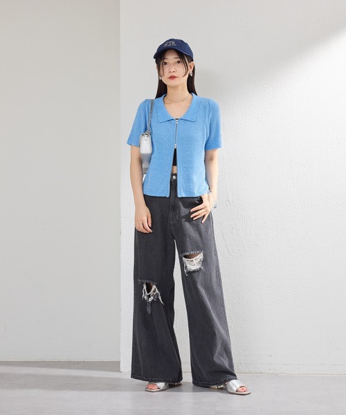 kastane レースデニムパンツ　ライトブルー ダメージデニム 低身長サイズ/2サイズ展開/ウエスト調節可】レースデニムパンツ
