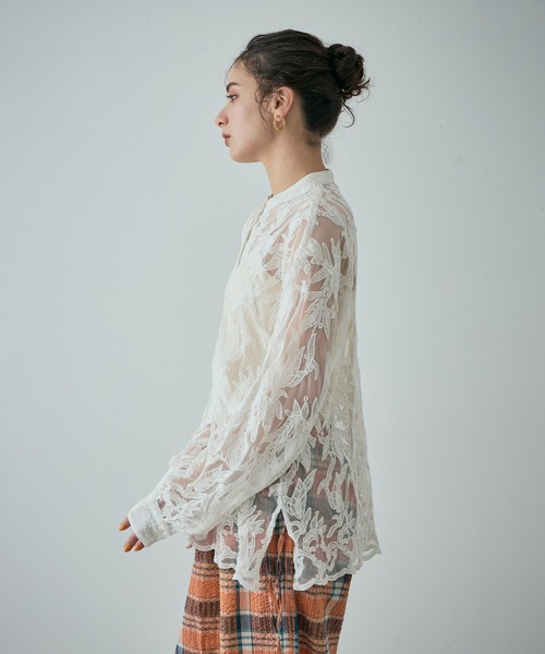 ローズバッド ROSE BUD 24SS シアーレース刺繍 シャツ ブラウス 茶 ローズバッド ROSE BUD 24SS シアーレース刺繍 シャツ ブラウス