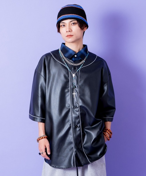 シャツ 半袖 a.p.o.v. シンプルパイピングオーバーサイズ合成皮革