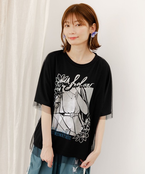 tシャツ 552201：ワンシーン箔プリント チュール重ねTシャツ レディース