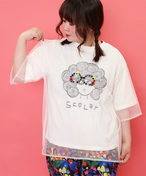 tシャツ 152669：花メガネ刺繍 スカラーちゃんチュール重ねプルオーバー レディース