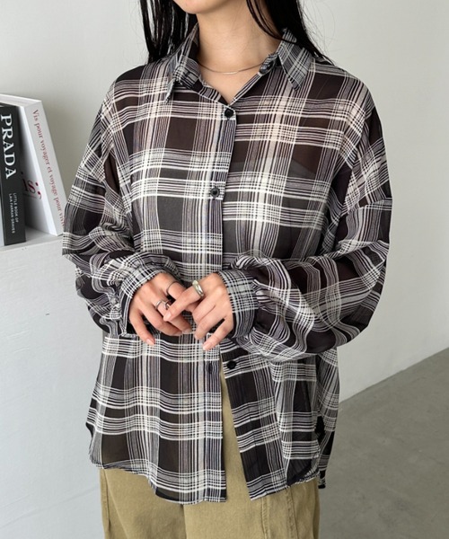 リンカブル　チェックシアーブラウス セール】【HONEYSUCKLE ROSE】シアーチェックブラウス（シャツ