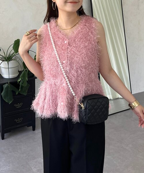ベスト ジレ パールボタンペプラムシャギーニットベスト レディース