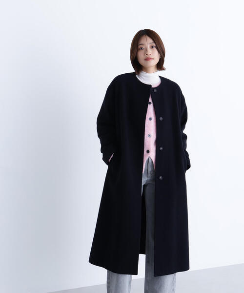 23区　ブラック ノーカラー ロングコート NATURAL BEAUTY BASIC（ナチュラルビューティーベーシック） ノー