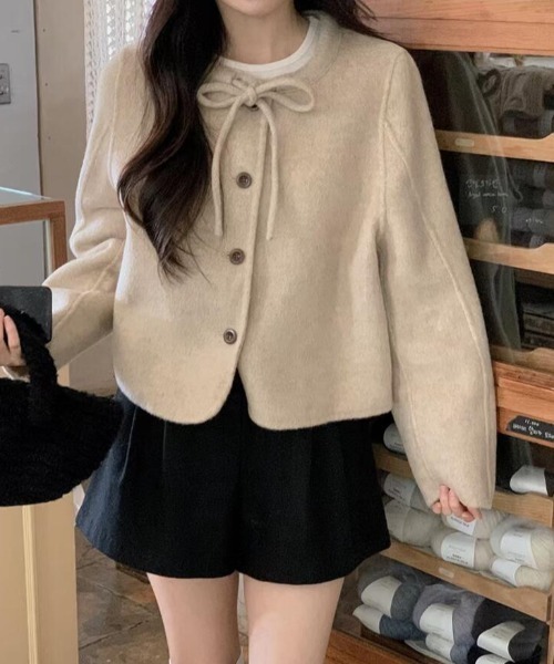 コート アウター リボンネックボタンショートコート レディース