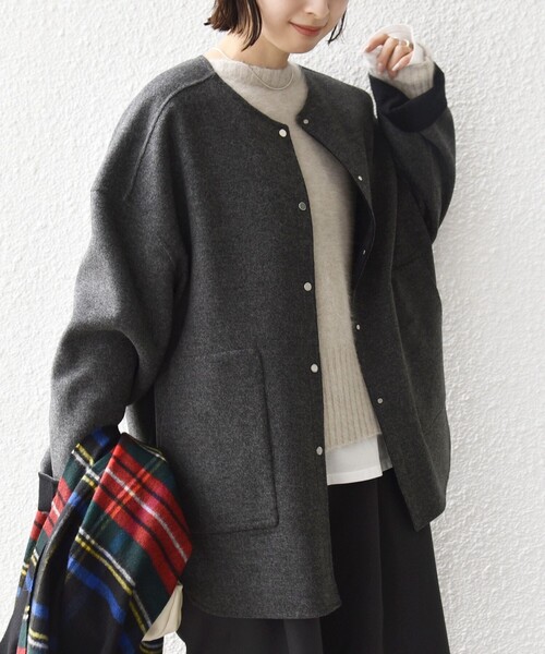 【美品】SHIPS ショートウールコート ジャケット ノーカラーコート SUPER140ノーカラーショートコート | シップス(SHIPS