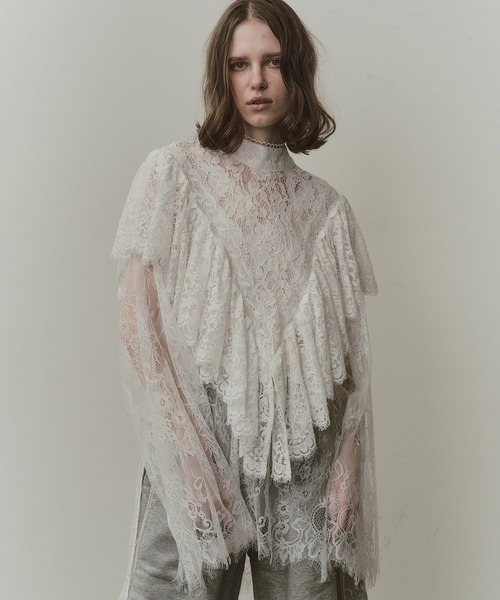 LA BELLE ETUDE 総レースVネックオーバー長袖トップス(ホワイト) 総レースVネックオーバー長袖トップス（シャツ/ブラウス）｜LA BELLE