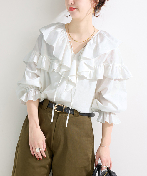 【試着のみ】BACCA ビッグフリルシャツ ブラウス 店舗在庫 - 【セットアップ対応】バックフリルブラウス - ネイビー (40