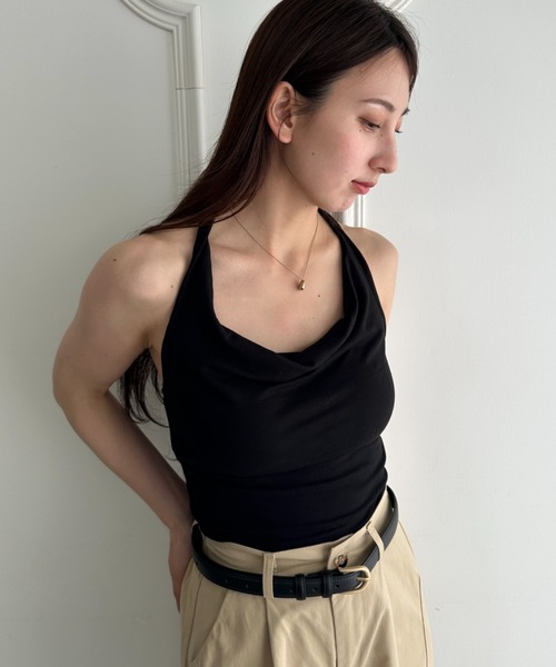 LINEN OFF-SHOULDER KNIT / BLK BOHEMSEO ホルターネック ノースリーブ 