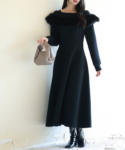 SAISON DE PAPILLON（セゾンドパピヨン） ワンピース ファー付きケープ