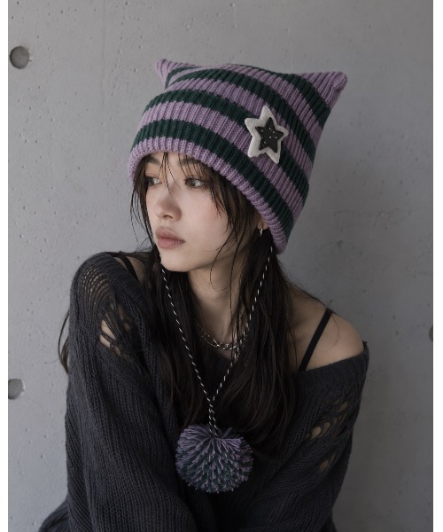 ニット帽 ニットキャップ 「HIKA」星ボーダー猫耳CAP レディース