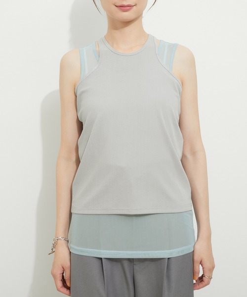 tシャツ レイヤードタンクトップ レディース シャツ風レイヤードタンクトップ 夏 春夏[品番：ZX000006374