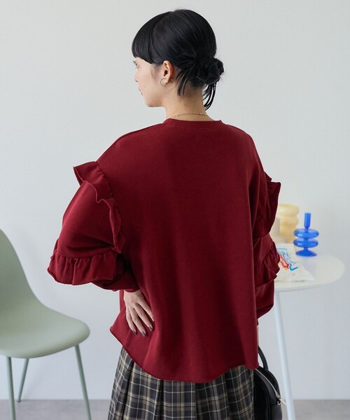 RBTXCO アールビーティー リメイク フリル付き トレーナー 袖フリルロゴトレーナー スウェット ショート丈[品番