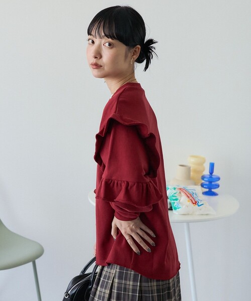 trois フリル付きグレー トレーナー forksy.】マルチウェイフリルスウェットプルオーバー（Tシャツ