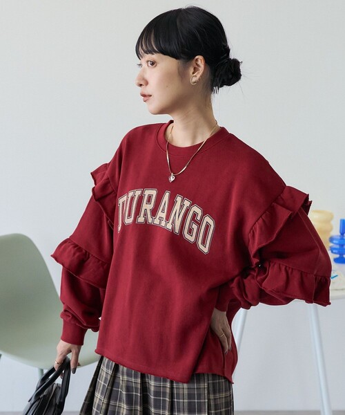 trois フリル付きグレー トレーナー forksy.】マルチウェイフリルスウェットプルオーバー（Tシャツ