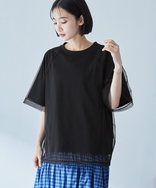 MONO-MART tシャツ チュールレイヤード半袖Tシャツ レディース