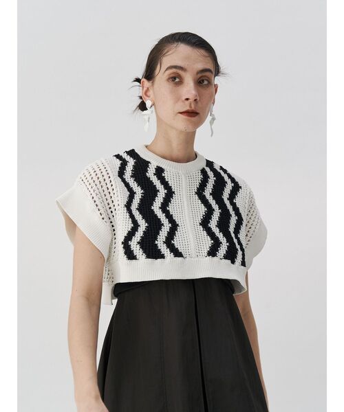 UN3D.◆ニット・セーター(厚手)/FREE/コットン/GRY UN3D. ニット セーター CROCHET WAVE TOP / クロシェウェーブ
