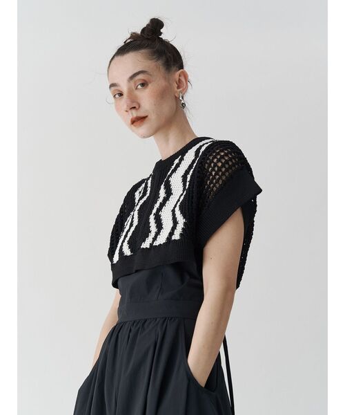UN3D.◆ニット・セーター(厚手)/FREE/レーヨン/BLK/無地/522112600601 UN3D. ニット セーター CROCHET WAVE TOP / クロシェウェーブ