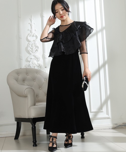 Lace Ladies ドレス ベロア シアー フリルケープ付き ノースリーブ 3点