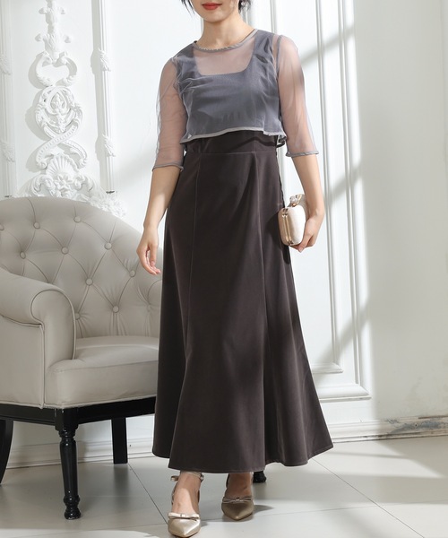 Lace Ladies ドレス ベロア シアー フリルケープ付き ノースリーブ 3点