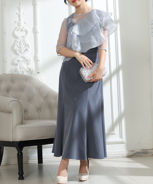 Lace Ladies ドレス ベロア シアー フリルケープ付き ノースリーブ 3点