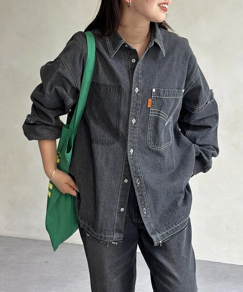 CPCM ブラウス シャツ 袖切替フリンジデニムシャツ レディース