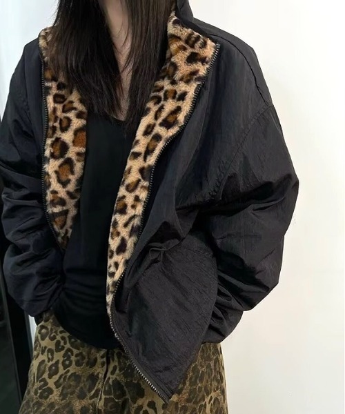 Y2K リバーシブル 短丈 ファーブルゾン 黒 × レオパード スカラー ScoLar キノコ×レオパード柄リバーシブルブルゾン （ブラック