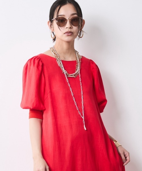 Ron Herman シアサッカー パフスリーブ マキシ ロング ワンピース 赤 CHIC STYLE（シックスタイル） ワンピース レーヨン麻パフスリーブ