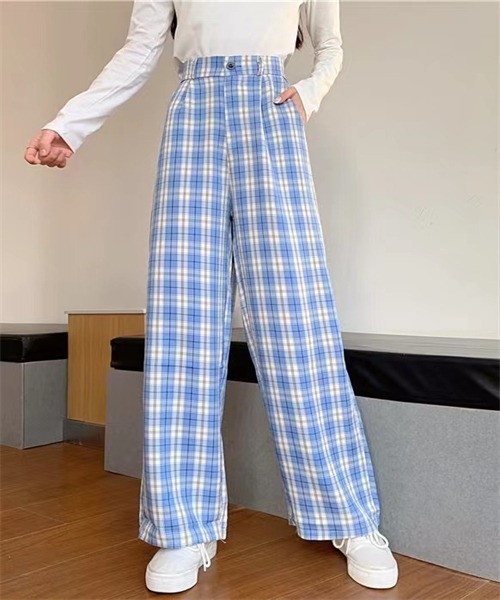 チェックフリルワイドレッグパンツ